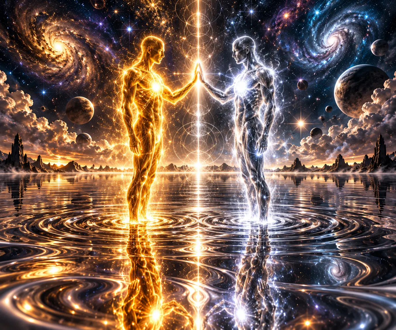 Two luminous figures, one of golden light and one of silver starlight, stand on a still cosmic sea and touch palms, their reflections rippling beneath a sky of galaxies and planets.