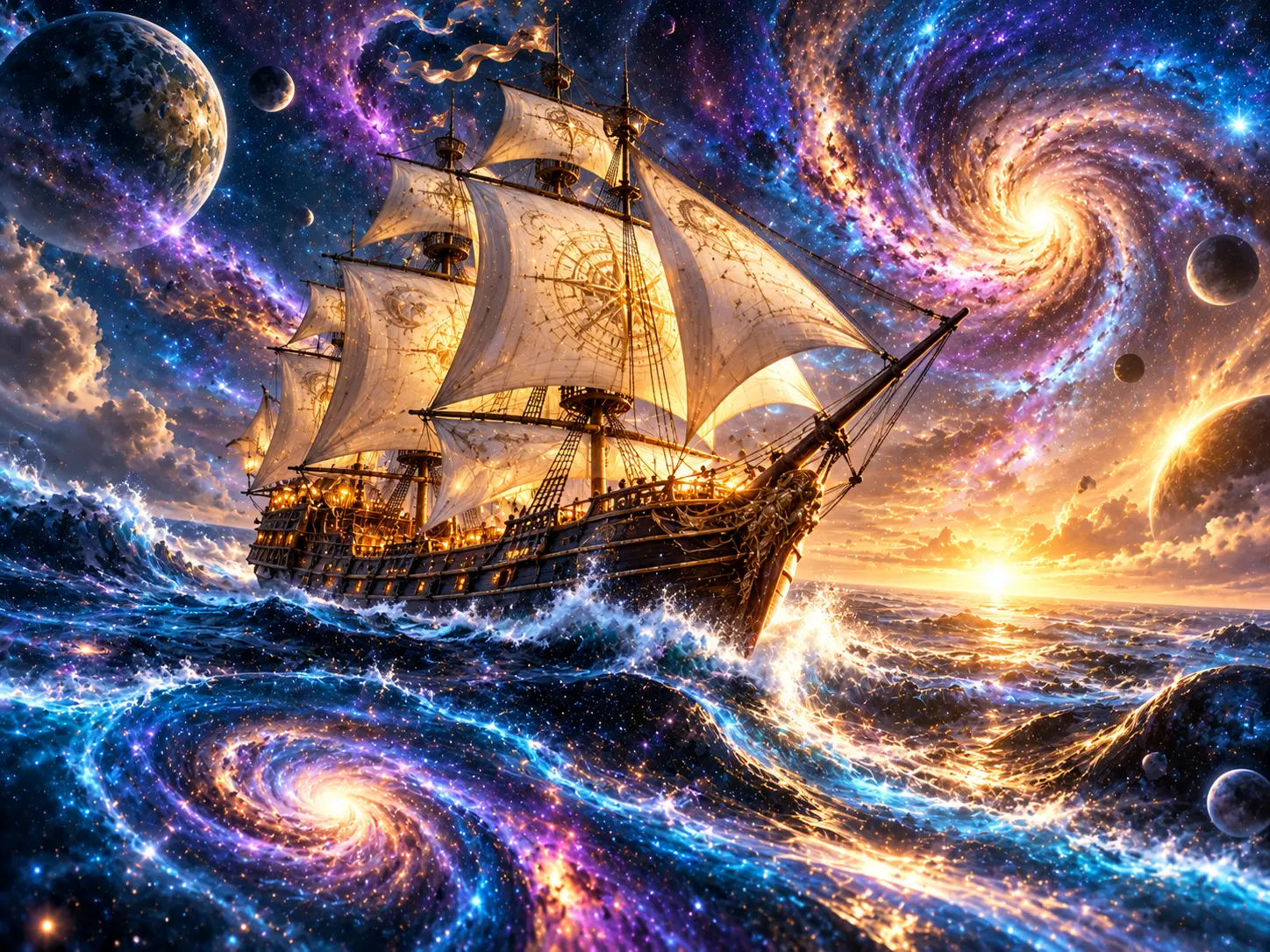A great galleon with glowing lanterns and compass-marked sails rides luminous waves on a cosmic ocean of swirling galaxies, planets and stars.
