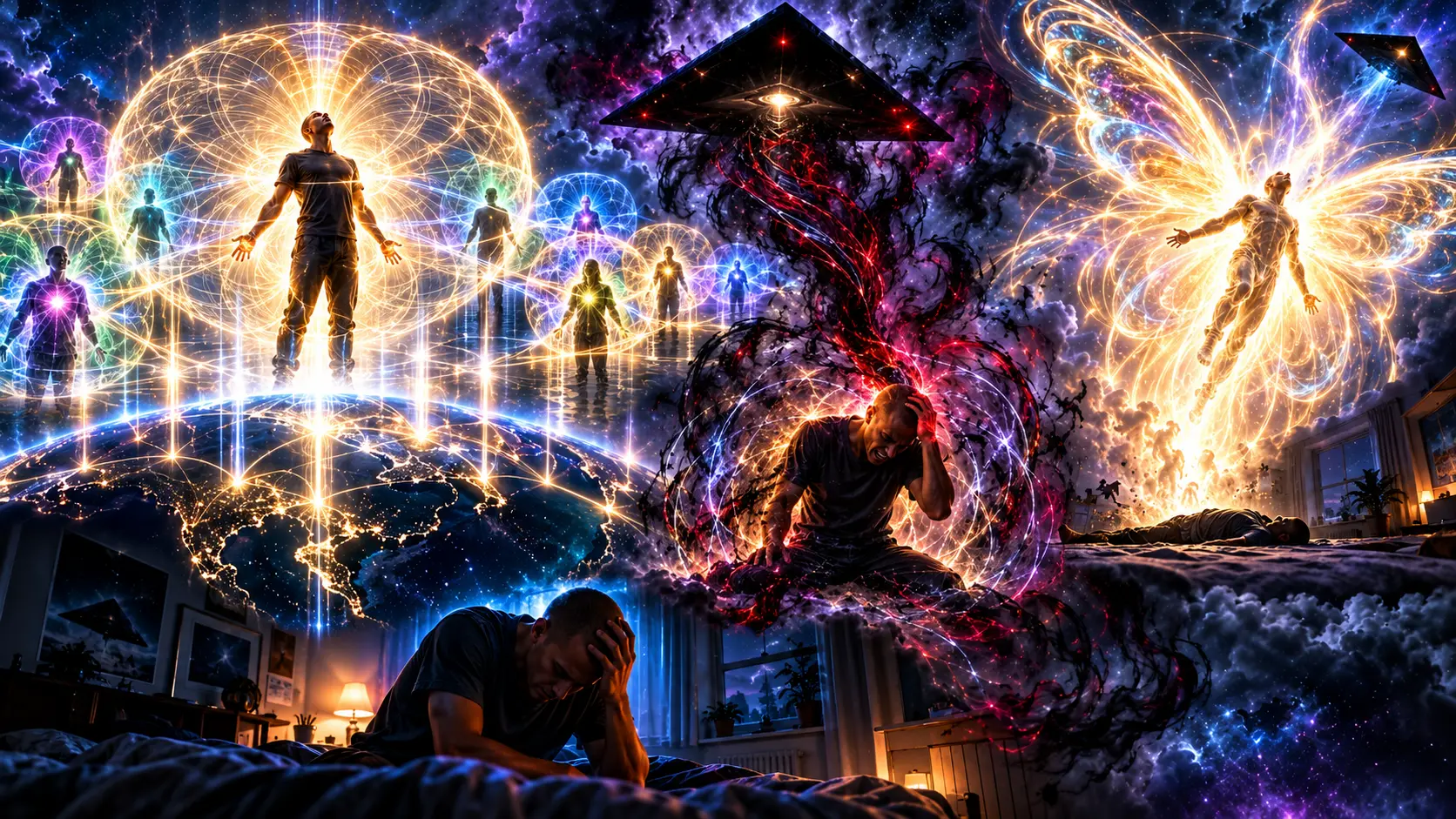 A man in a torus of golden light stands with others glowing in their own toruses above a shining Earth; a black triangle pours dark red energy onto a kneeling man clutching his head; a glowing figure with butterfly-like wings of light rises from a body lying on the floor; below, a man holds his head in a lamplit bedroom.