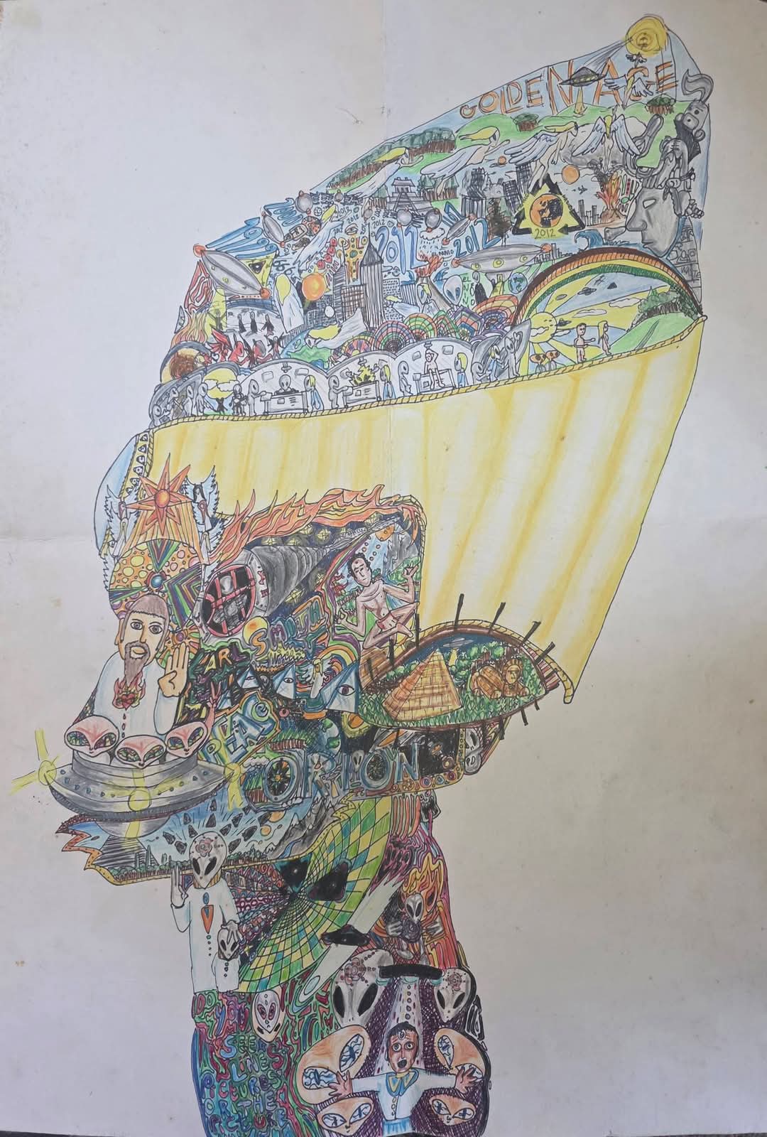 Ink and coloured pencil drawing forming the profile of an Egyptian royal bust with a tall crown, its outline filled with flying saucers, aliens, pyramids and the Sphinx, a sacred-heart figure, a meditating yogi and words including GOLDEN AGE, 2012, PEACE and ORION.