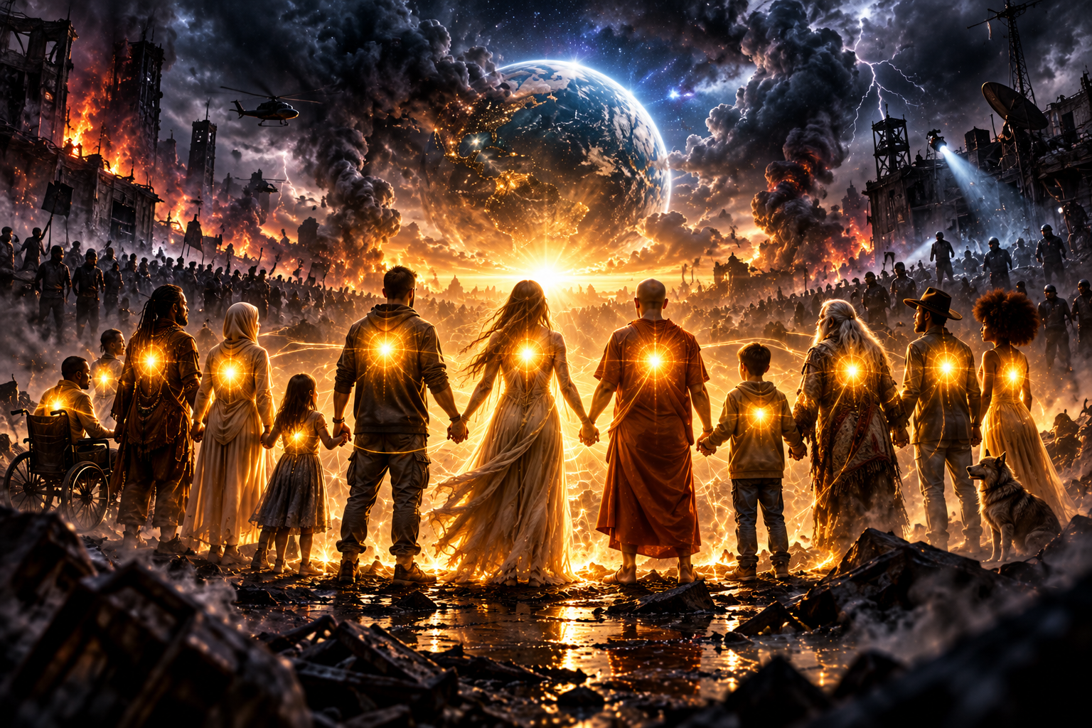 People of all ages and walks of life stand hand in hand, each with a golden light glowing at the heart, facing a radiant Earth rising above a broken, burning world.