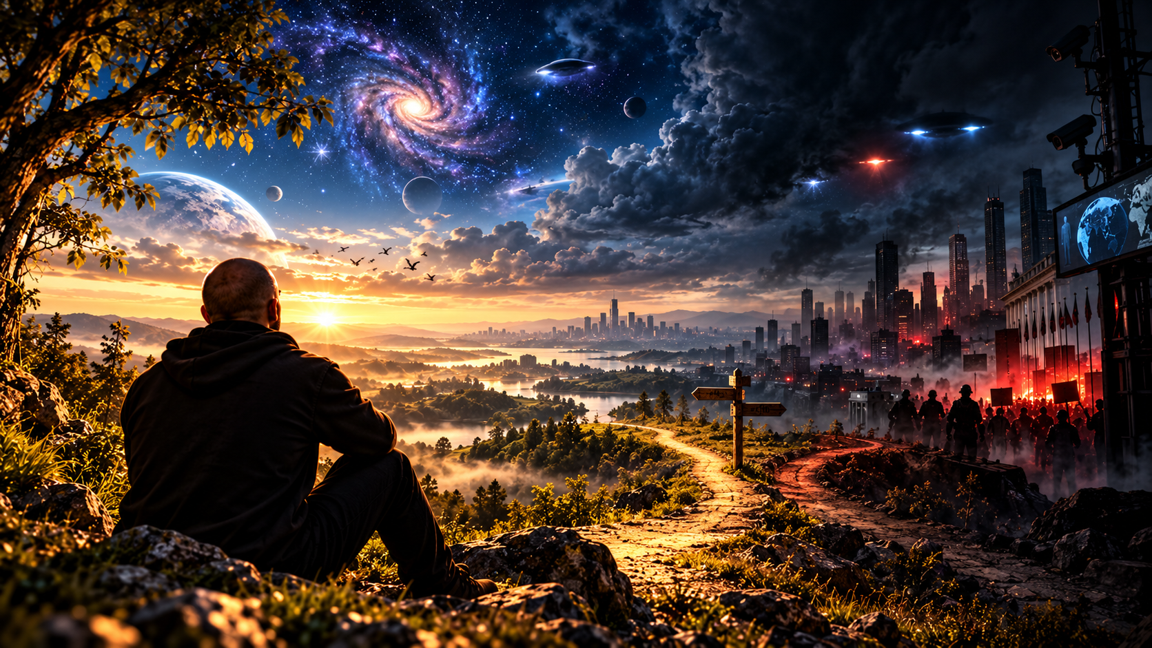 Illustration of a seated man overlooking a branching path between a sunlit green landscape and a dark city with crowds and surveillance cameras, beneath a sky filled with stars, planets and flying craft.
