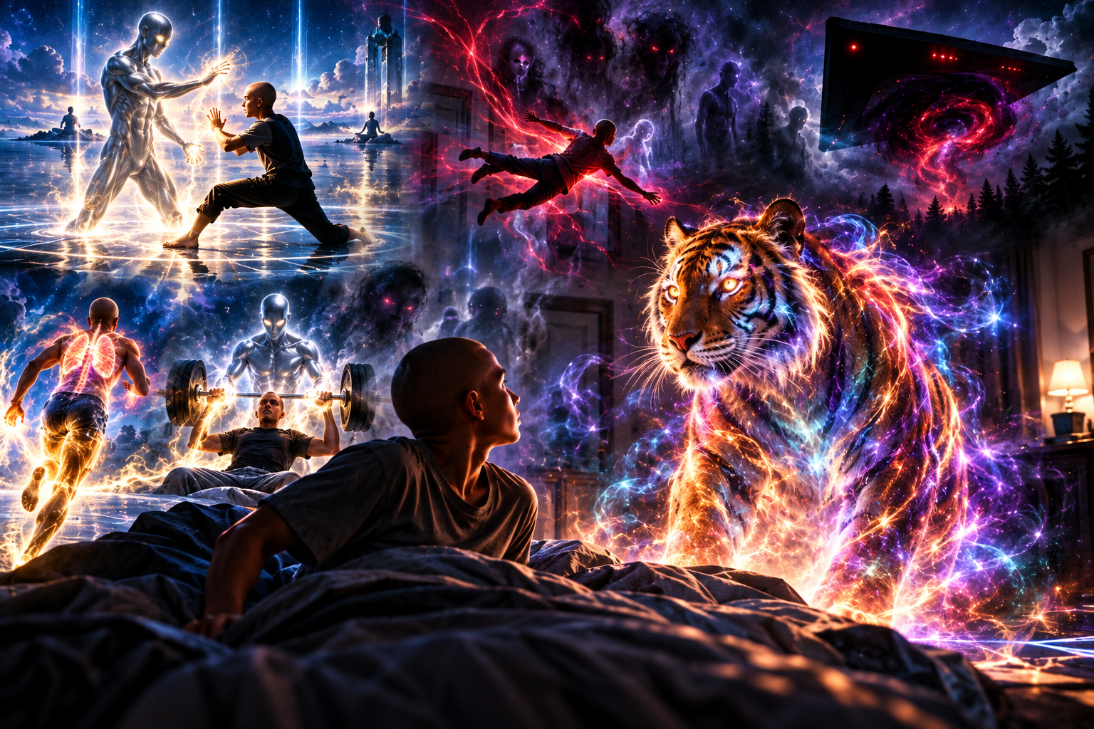 A man sits up in bed facing a great tiger woven from swirling coloured light, surrounded by dream scenes of the silver man teaching, running, lifting weights, red lightning and a black triangle in the sky.