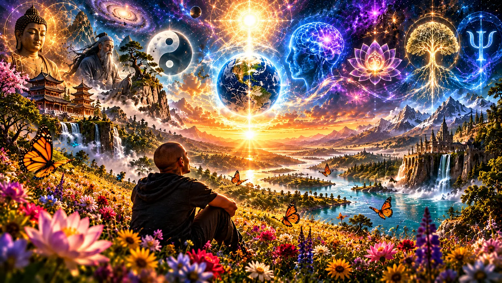 A man sitting in an endless field of flowers with butterflies, gazing at a radiant valley beneath a cosmic sky filled with a golden Buddha, a Taoist sage, a yin-yang symbol, a glowing Earth, a lotus, a luminous brain, a tree of life and a psi symbol.