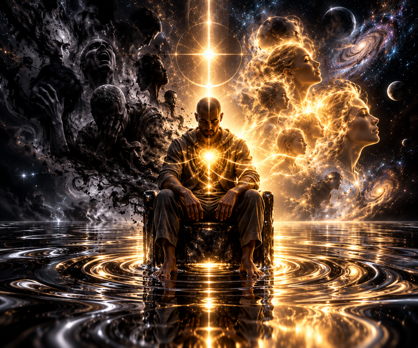 A seated figure with a golden light glowing at the heart, dark anguished faces rising behind them on one side and serene luminous faces on the other, above still rippling water under a cosmic sky.