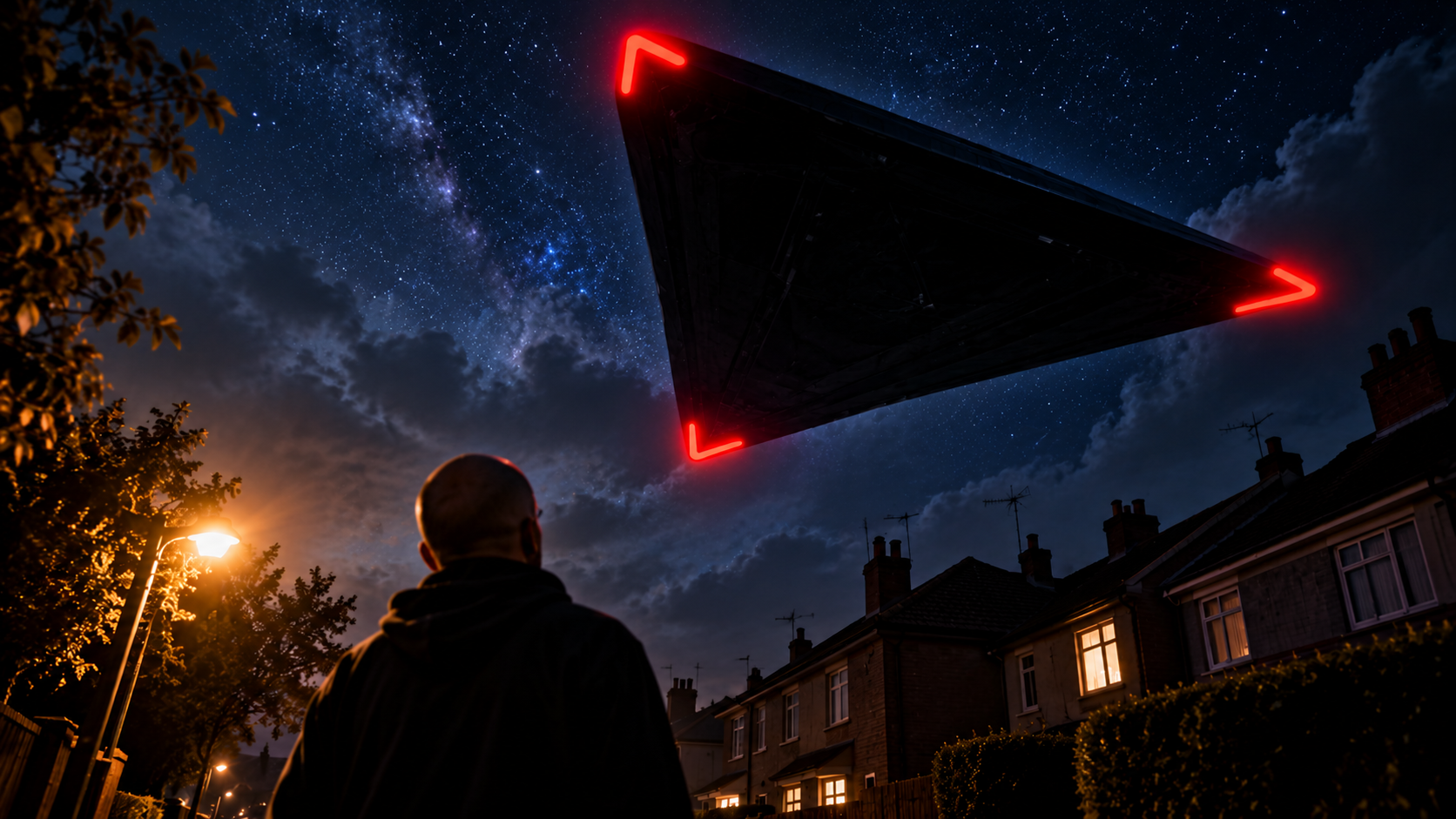 Illustration of a man on a lamplit suburban street at night, looking up at a huge black triangular craft with glowing red lights on each corner, hovering above the rooftops under a starry sky.