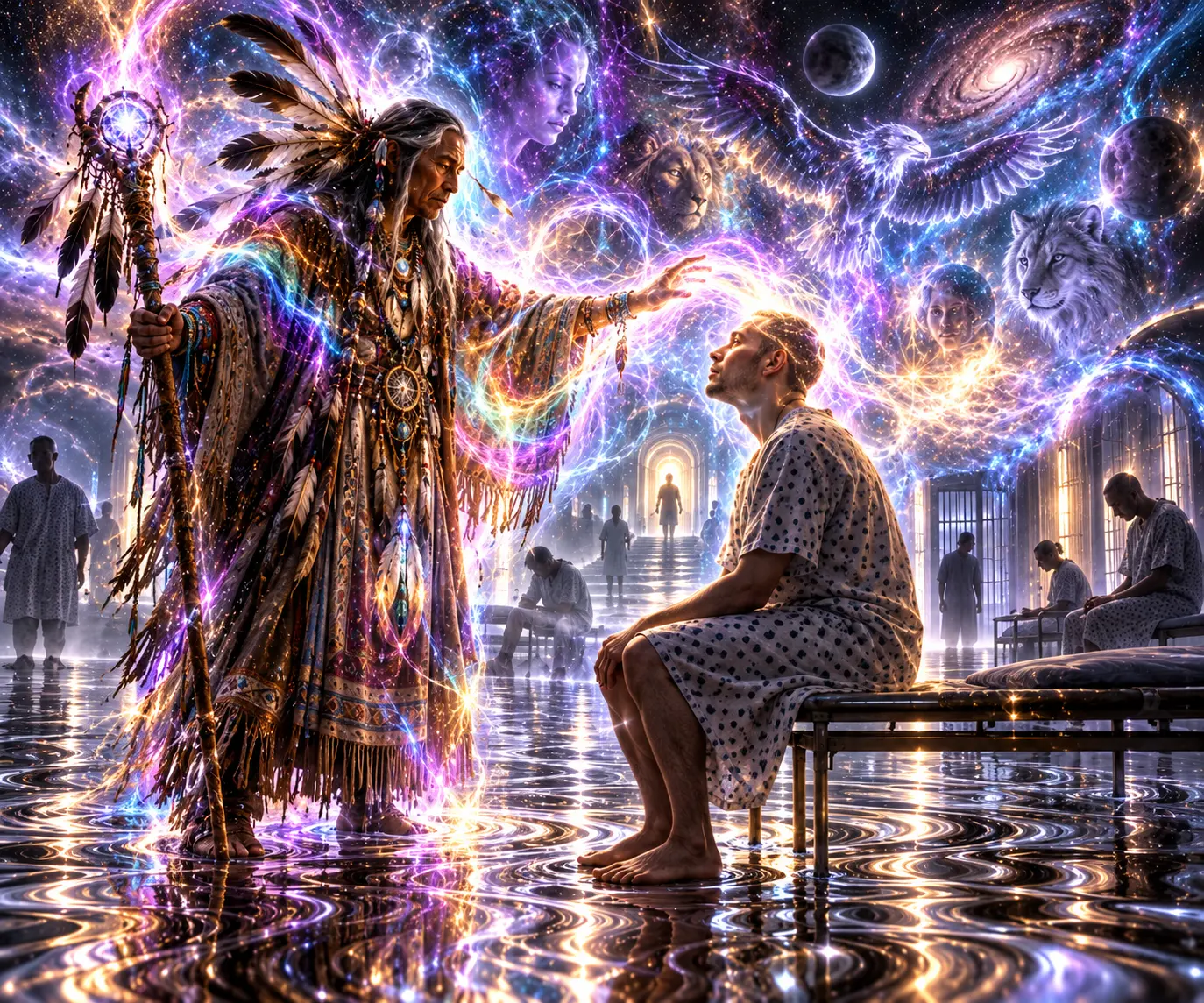 A shaman in a feathered headdress holding a staff reaches a glowing hand toward a seated hospital patient, while luminous visions of spirit animals, faces and galaxies swirl above a flooded hospital ward.