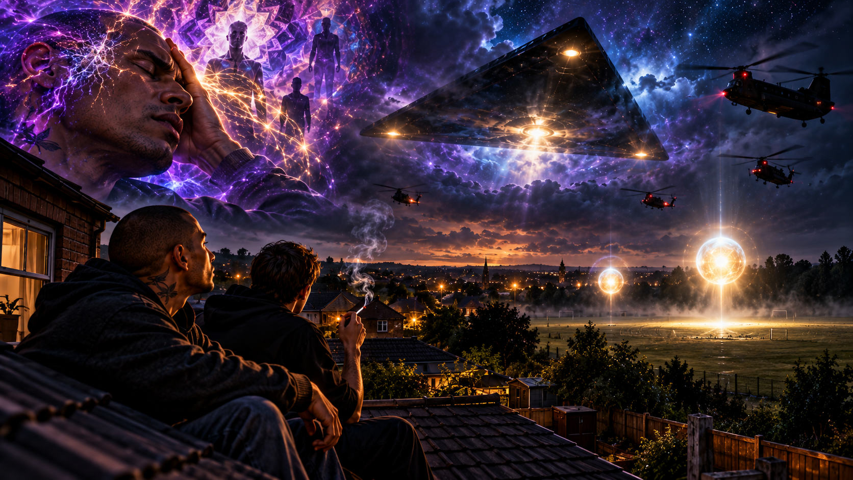 Two men sit on a rooftop at night, one smoking, watching a huge black triangular craft with glowing lights hover over a town, while black helicopters fly nearby, two radiant balls of light descend toward a playing field, and a giant translucent head wreathed in purple lightning and spirit figures looms in the sky.
