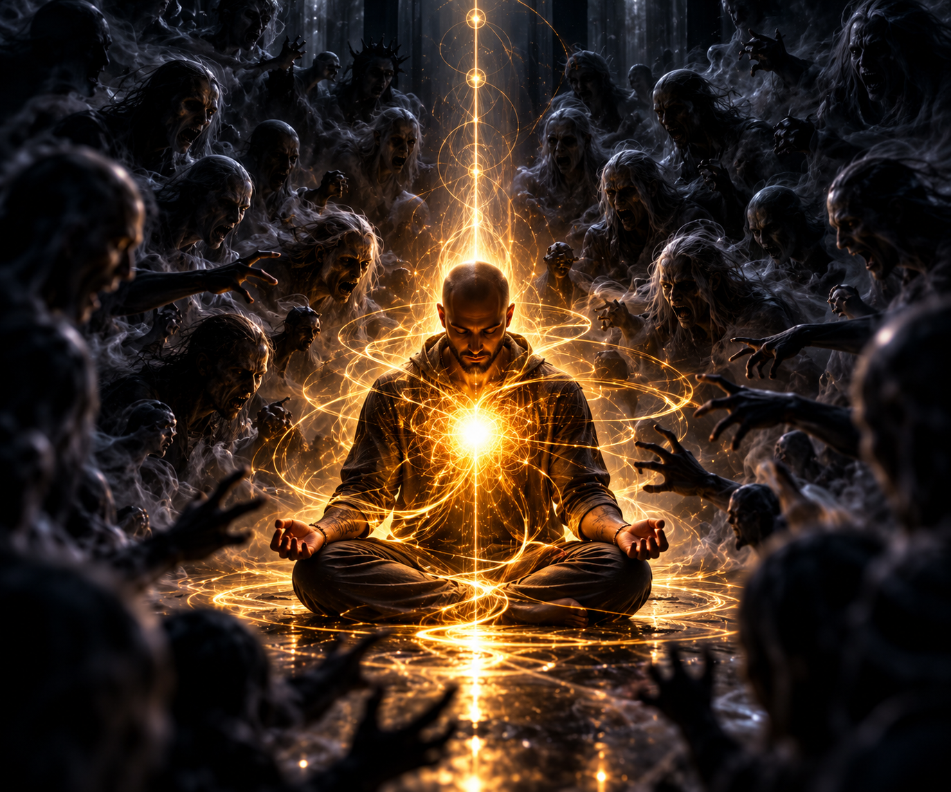 A seated figure meditates in peace, a brilliant golden light radiating from their heart, while shadowy figures reach in from the darkness around them.