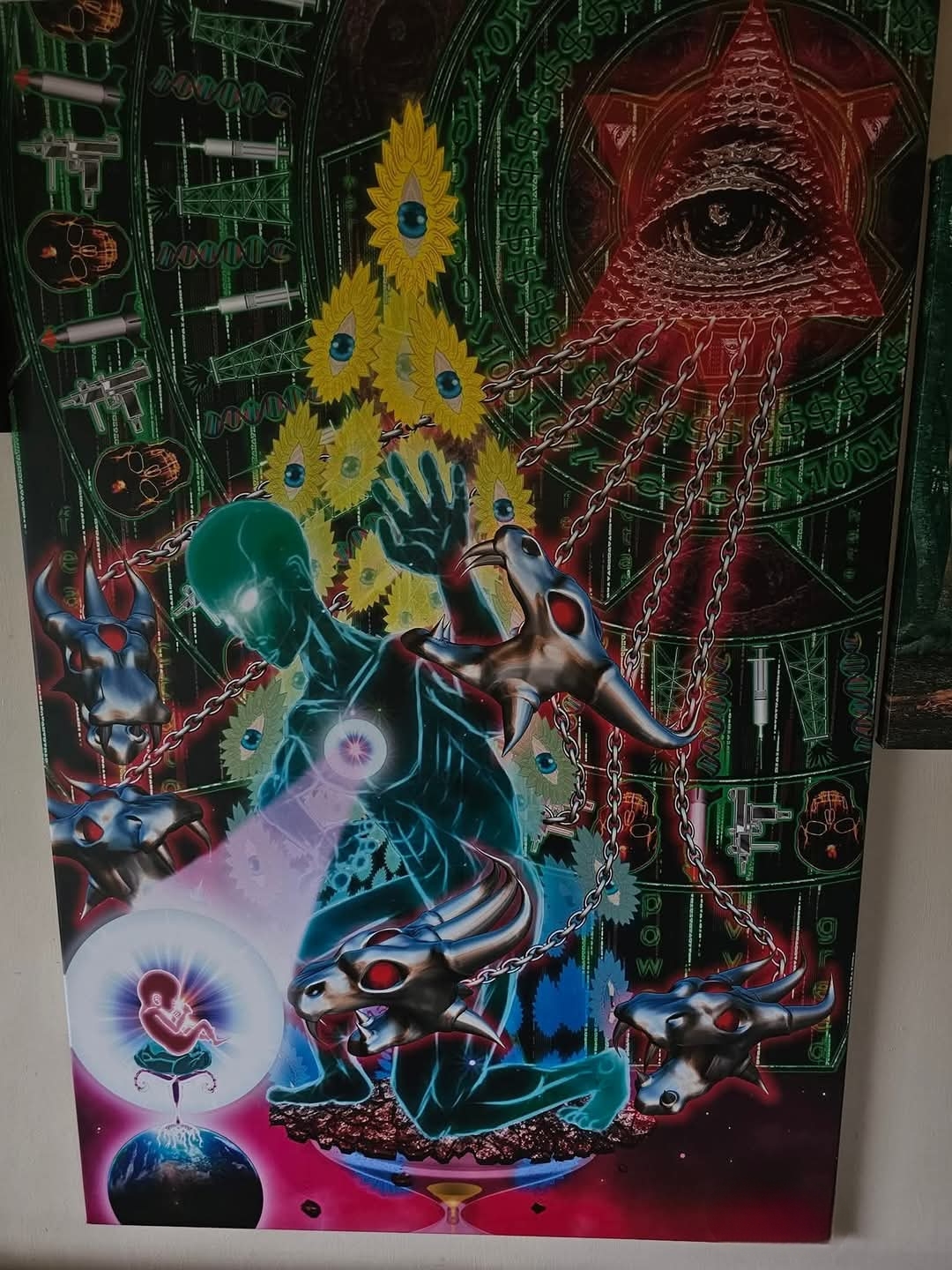 Digital illustration of a translucent teal humanoid figure kneeling with glowing eyes, ringed by chained metal beast heads with red eyes, a crimson all-seeing eye in a pyramid above, and a fetus in a light bubble resting over the Earth below.