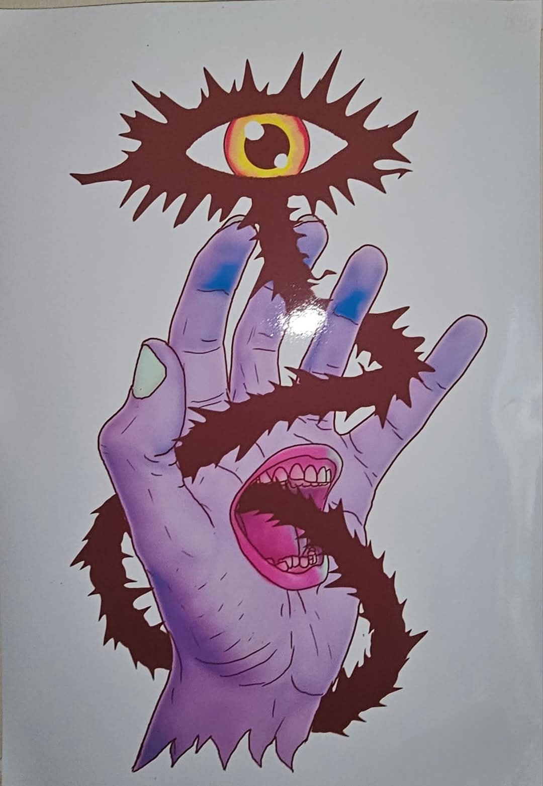 Surreal illustration of a severed lavender hand with an open mouth in its palm, a thorny vine growing out of the mouth and coiling around the fingers to end in a large amber eye.