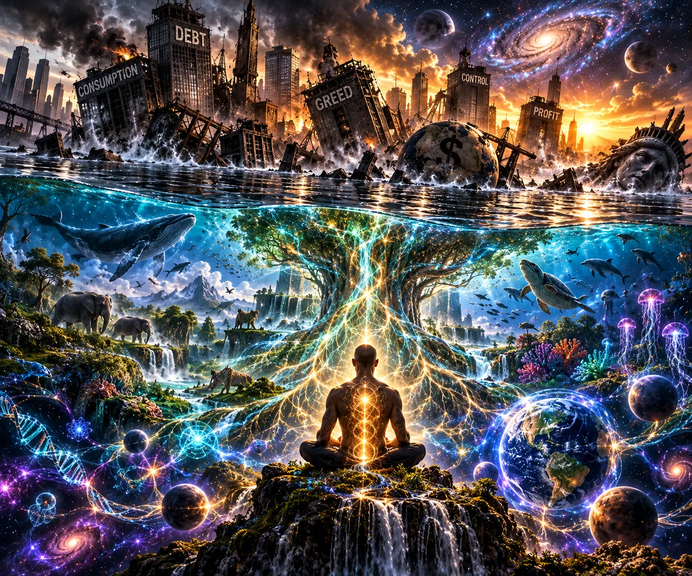 A burning, flooded city of towers labelled Debt, Consumption, Greed, Control and Profit sinks above the waterline, while below it a meditating figure with glowing energy along their spine sits rooted into a luminous tree of life surrounded by whales, elephants, waterfalls and galaxies.
