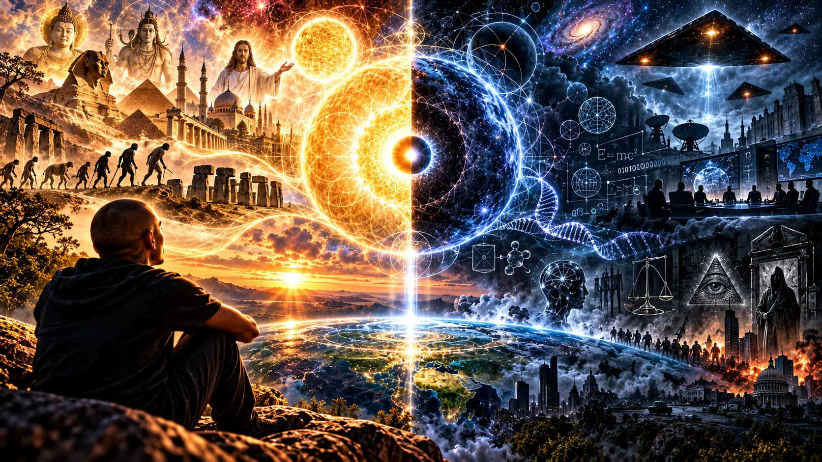 A man sits on a rocky hill contemplating a vast vision split between light and dark: golden religious figures, temples and the march of human evolution on one side, blue science symbols, equations, DNA, surveillance and black triangle craft on the other, with a radiant circle of light bridging the two halves above the Earth.
