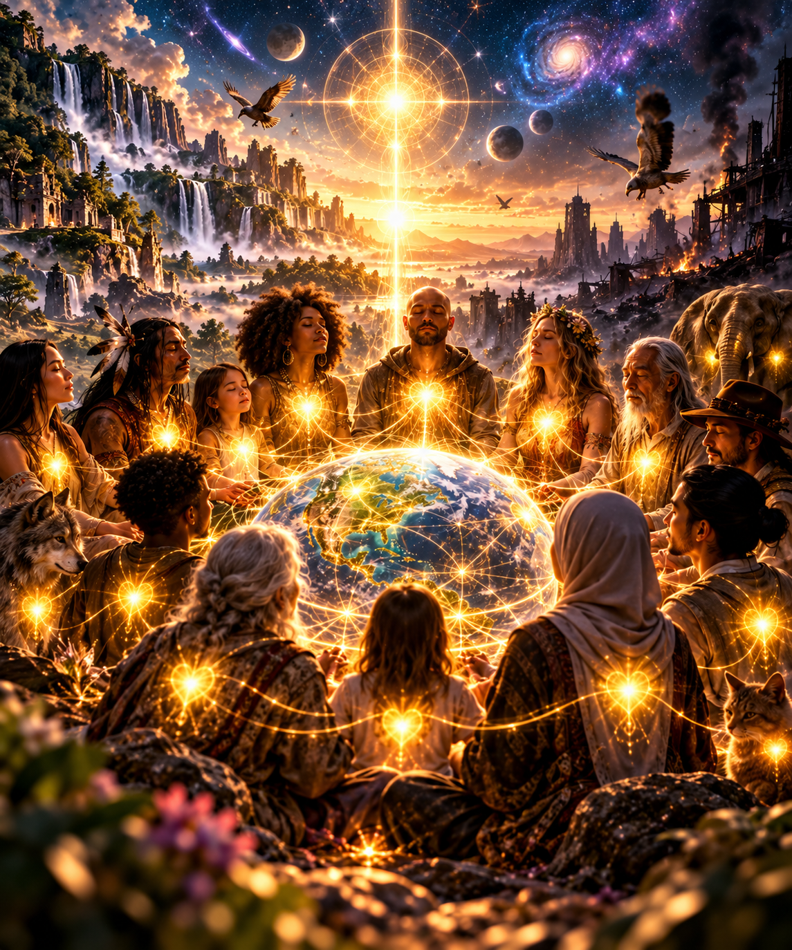 A circle of people and animals sit around a glowing Earth, golden light shining from each heart and linking them all, between a paradise of waterfalls and a distant burning city under a cosmic sky.