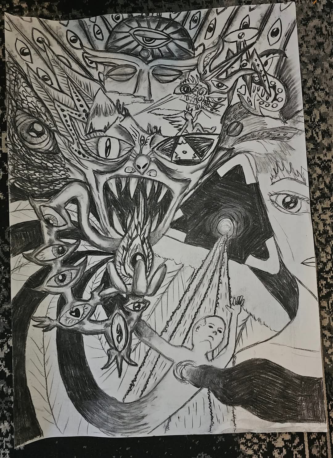 Charcoal drawing on paper of a fanged, flaming entity reaching toward an eye-covered claw, crowned by a serene face with a central eye and plumes filled with open eyes, while a triangular portal frames a radiant light reaching down to a small human figure.