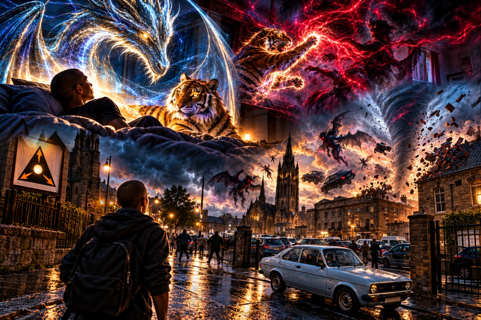 A dragon of blue light spreads its wings over a sleeping man while a tiger swats at red lightning, above a stormy town with a church, a pale Ford Escort, a tornado and winged demons in the sky.