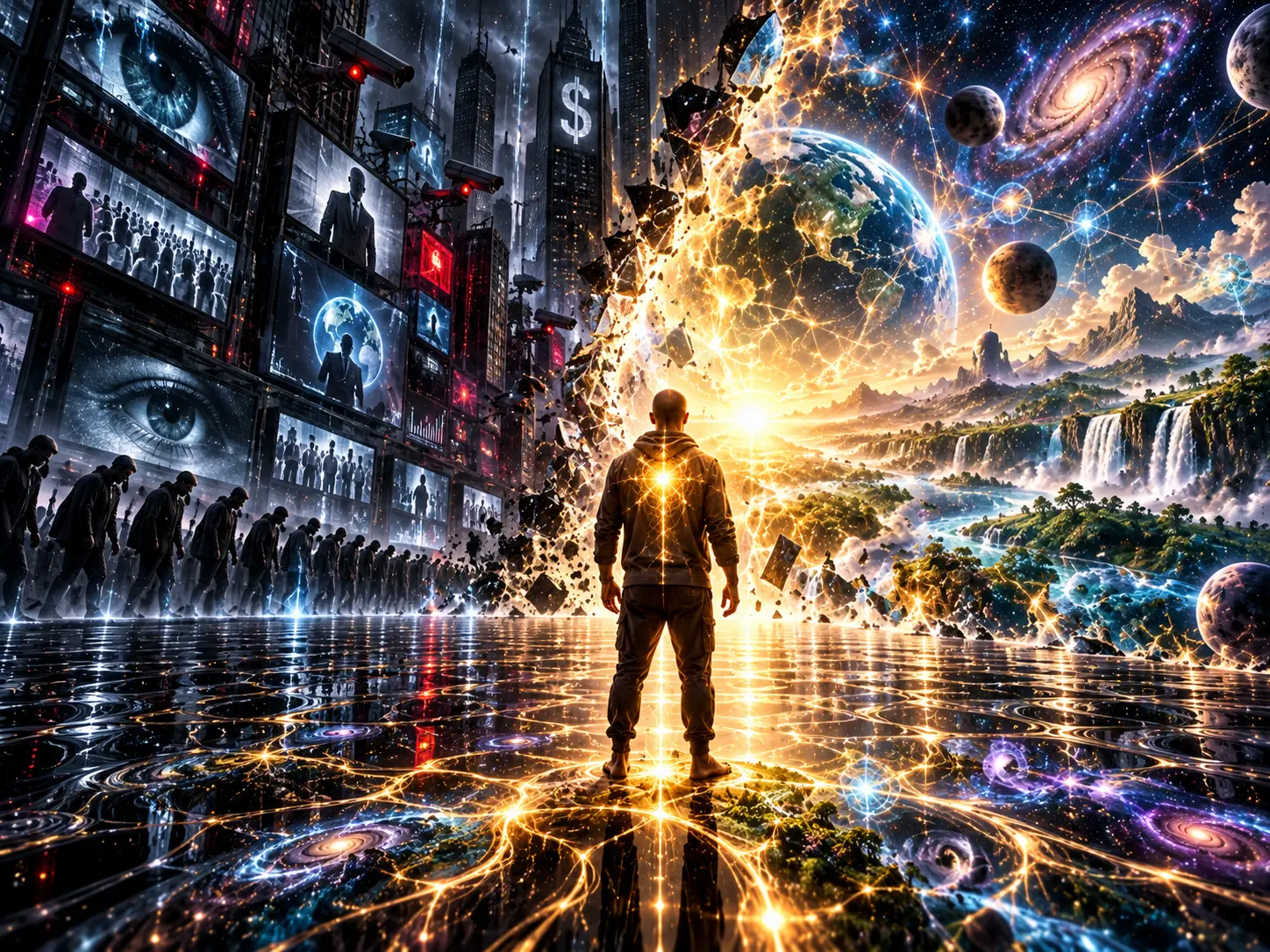 A figure with a glowing golden heart stands as a wall of surveillance screens, cameras and grey crowds shatters apart, revealing a luminous cosmos of Earth, waterfalls, forests and galaxies.