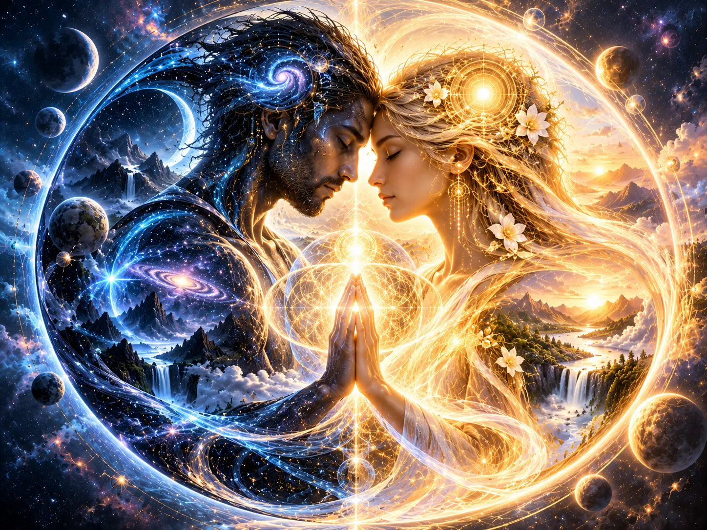 A figure woven from night, stars and galaxies and a figure woven from golden sunlight and flowers touch foreheads and palms, their bodies forming mountains, waterfalls and a luminous heart of light between them.