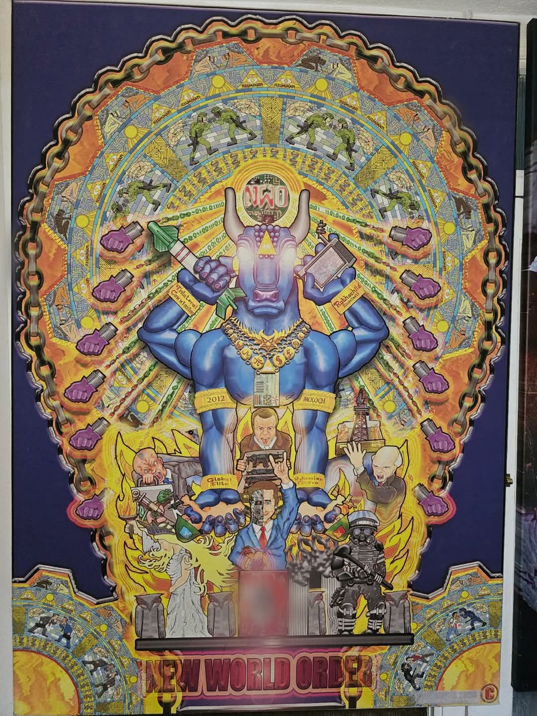 Hand-drawn and digitally painted illustration of a blue, multi-armed bull-headed deity holding a missile and a circuit board, ringed by a gold mandala of soldiers, surveillance eyes and binary code above a burning scene, lettered NEW WORLD ORDER.