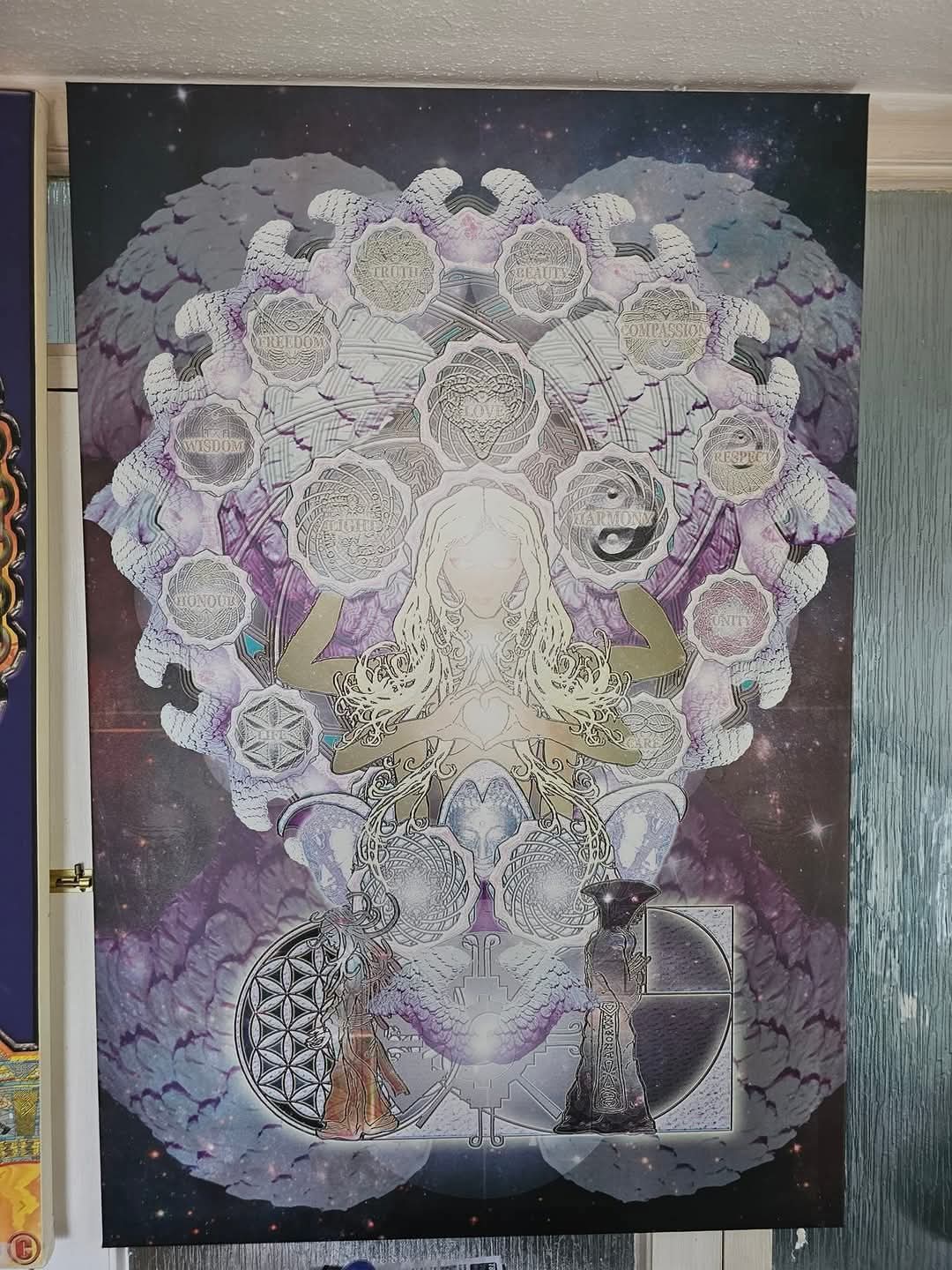 Visionary illustration of a glowing feminine figure holding her hands in a heart shape at her chest, encircled by patterned medallions lettered TRUTH, BEAUTY, LOVE, FREEDOM, COMPASSION, WISDOM, RESPECT, LIGHT, HARMONY, HONOUR and UNITY, with a flower of life and a golden spiral below, set in a starfield.