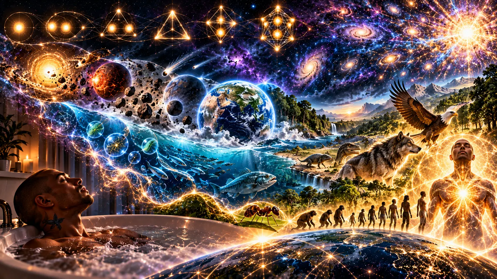 A man lies in a bath gazing up at a vast cosmic vision: golden points of light forming geometric patterns, planets and galaxies being born, Earth's oceans and storms forming, fish and cells glowing with inner light, an ant, the march of evolution, and a radiant human figure filled with a bright network of light.