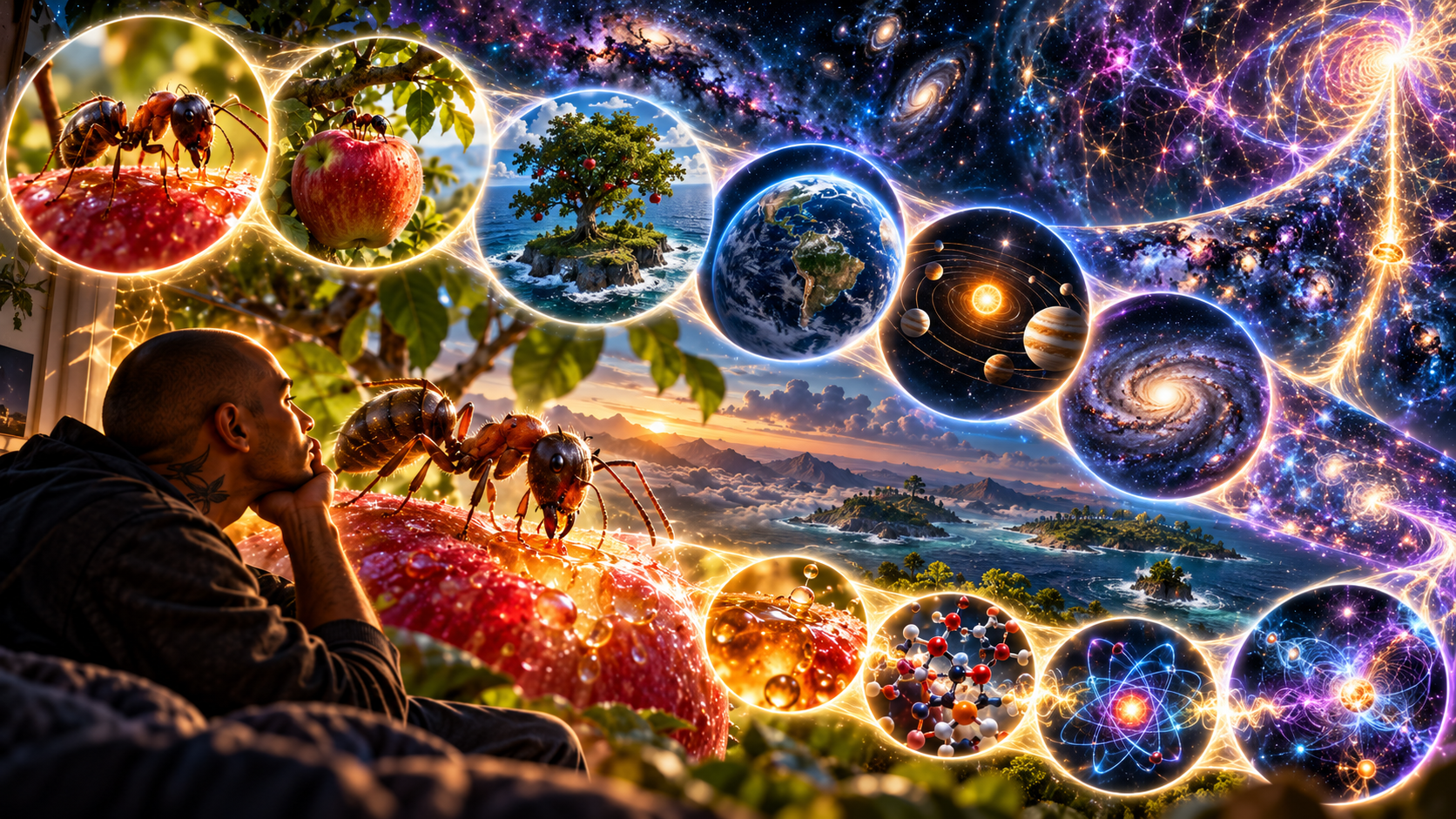 A man rests his chin on his hand watching an ant drink juice on an apple, while glowing circles zoom out from the ant on the apple to a tree on an island, Earth, the solar system, a galaxy and the cosmos, and zoom in to sugar droplets, molecules, an atom and swirling light.