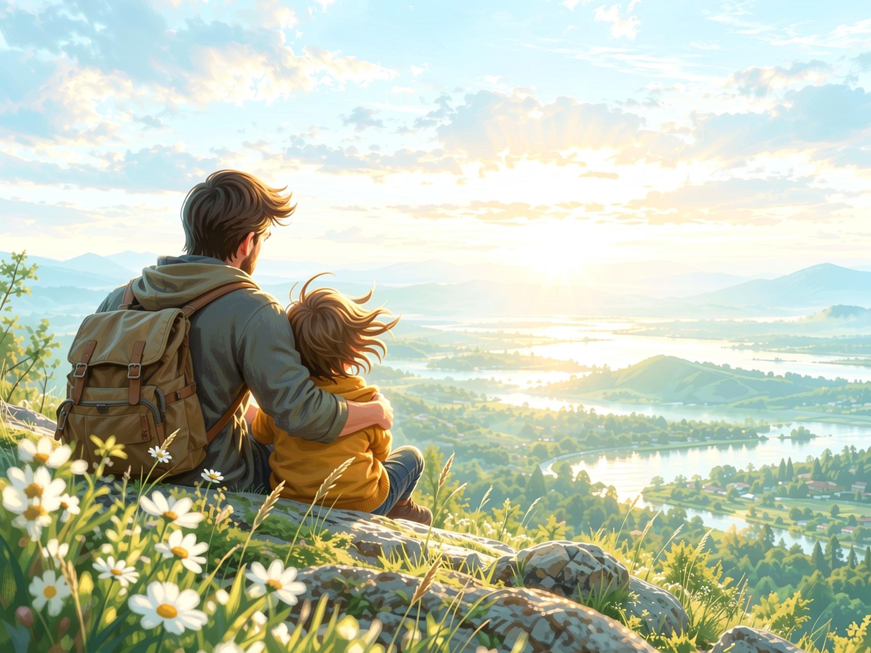 A parent with a backpack and a child in a yellow jumper sitting on a flower-dotted hillside, looking out over a sunlit valley of rivers and green hills.
