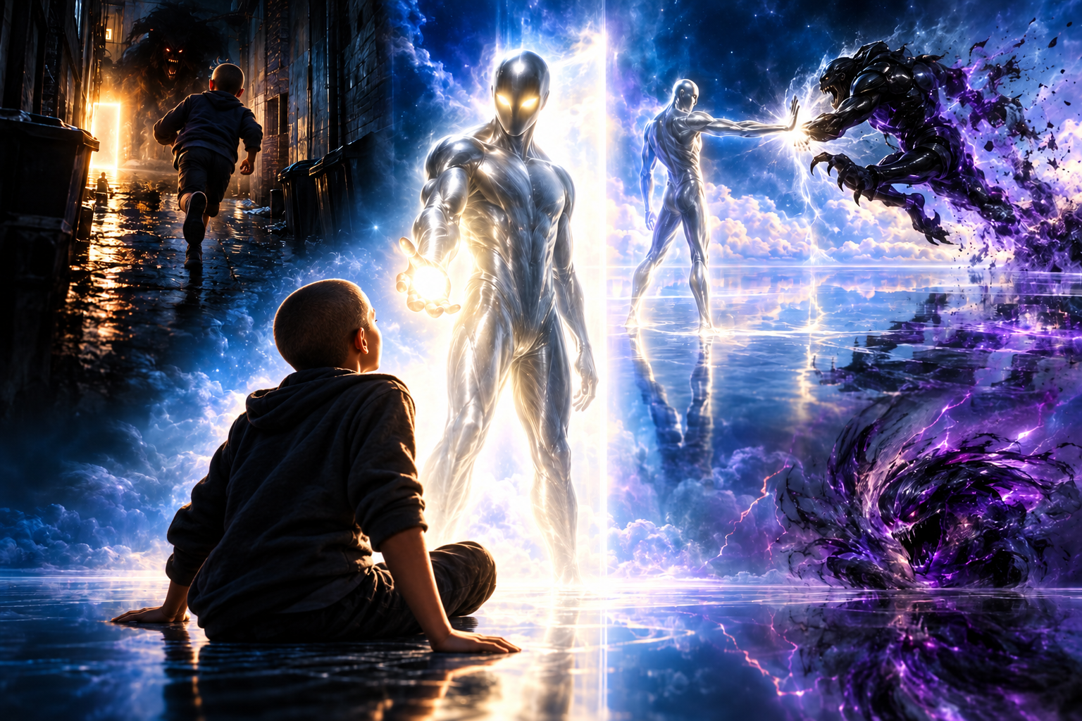 A child sits on a mirror-still blue landscape watching a silver figure with glowing eyes face a dark, snarling creature, while another child flees down a lamplit alleyway.