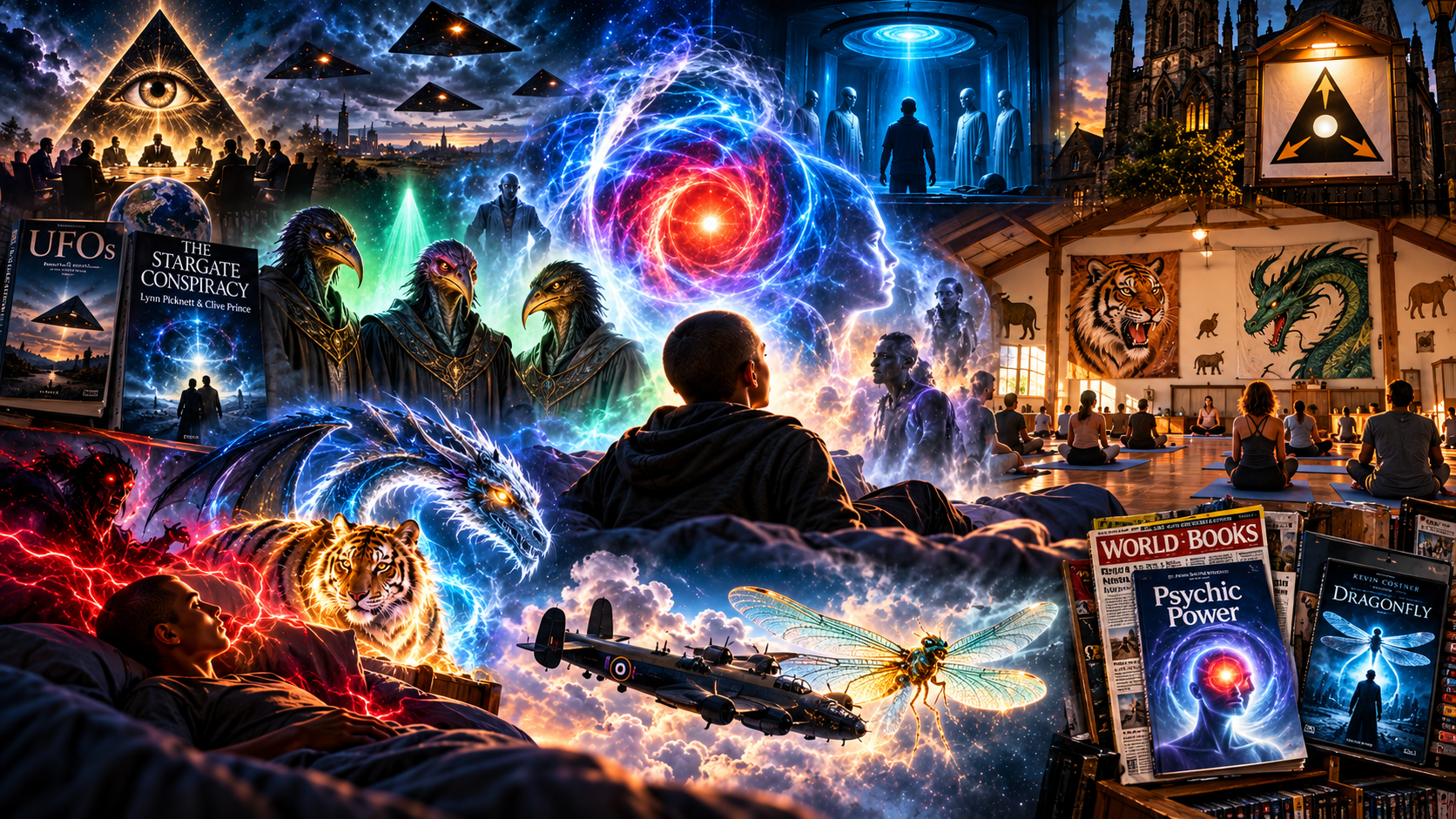 A man sits up in bed amid a collage of visions: an eye in a pyramid, black triangle craft, three bird-faced robed beings, a red orb in a swirl of white and blue light, a tiger and dragon, a Lancaster bomber turning into a dragonfly, a yoga class in a hall, and books and a DVD including The Stargate Conspiracy, Psychic Power and Dragonfly.