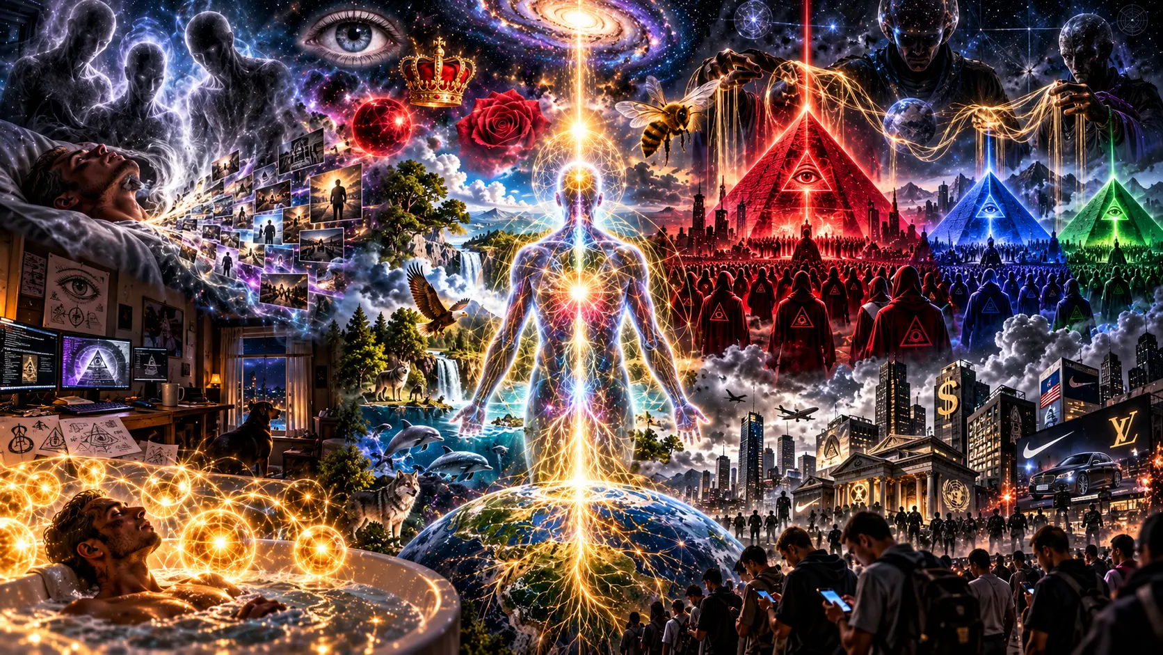 A vast cosmic collage: a man in bed and in a bath surrounded by golden geometry, a luminous human figure channeling light between the Earth and a galaxy above, an eye, a crown, a red sphere, a rose and a bee, mist-like grey beings, and red, blue and green pyramids with eyes looming over crowds of robed followers above a city of symbols and brands.